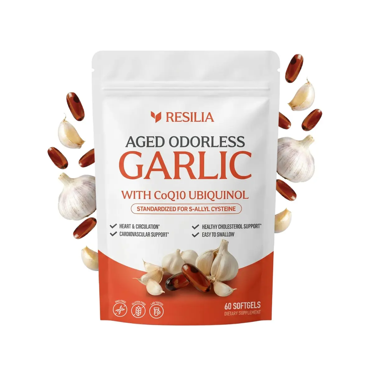 Resilia Odorless Aged Garlic Extract 600 mg softgels with CoQ10 Ubiquinol and Vitamin K2 (as MK-7), 20-Month Matured Garlic, 60 Softgel (Pack 1)