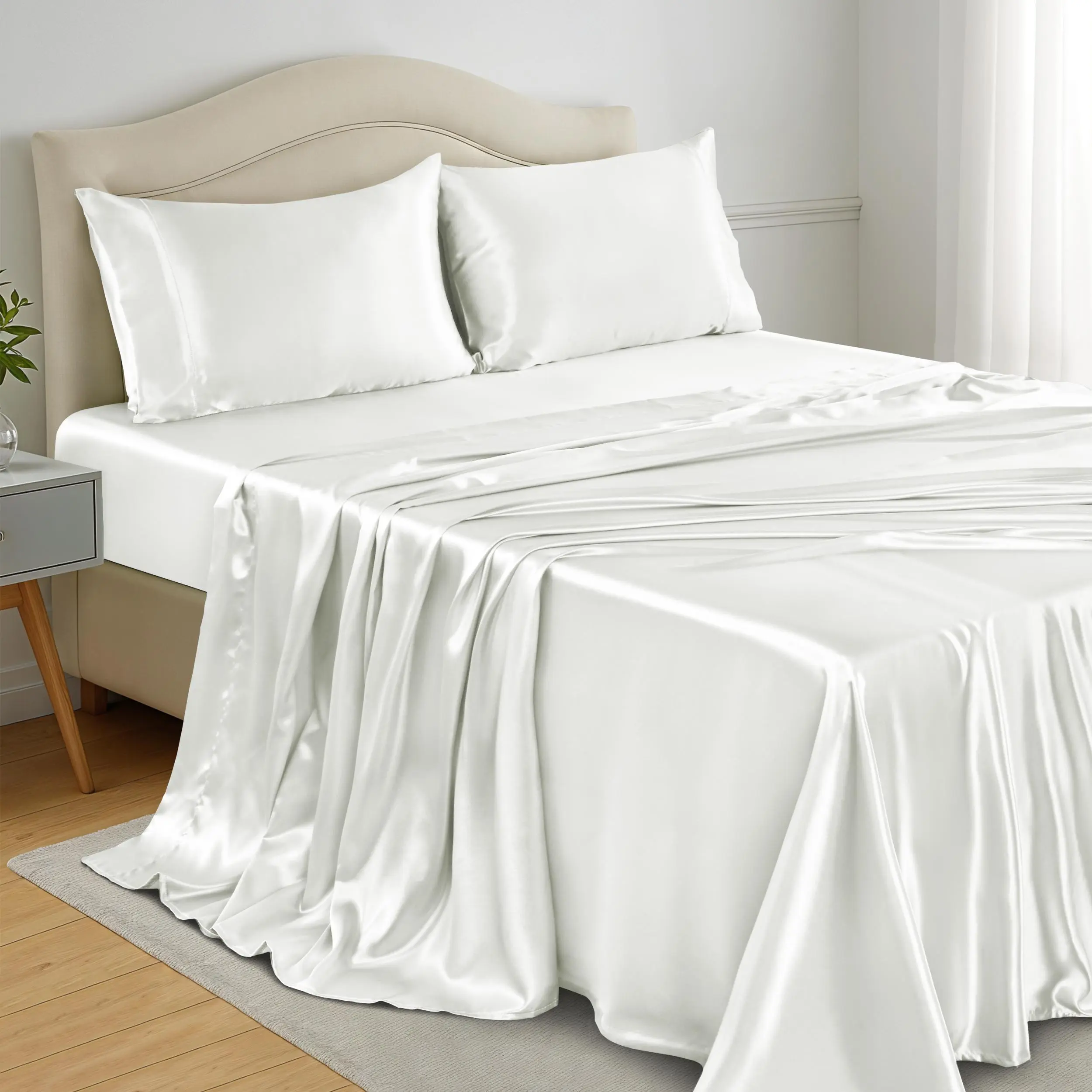 Lux Décor 4pc Satin Sheet Set - Deep Pocket Fitted Sheet, Luxurious, Silky, Soft, Smooth, Breathable Bedsheet  - All-Season Bedding - Includes 1*Flat Sheet , 1* Fitted Sheet & 2*Pillowcases - Comfortable Bedding Set for Home Hotel- Satin Bed Sheets