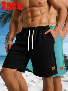 Men’s Summer Casual Waffle-Textured Shorts, 2-Pack — Breathable, skin-friendly, soft and comfortable; loose, slimming fit; elastic drawstring waist, adjustable; side pockets; leather small tag decoration