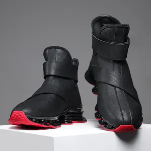 Men’s high-top waterproof leather sneakers for outdoor walking and running—fashionable casual sports shoes with thick soles, non-slip design, suitable for work