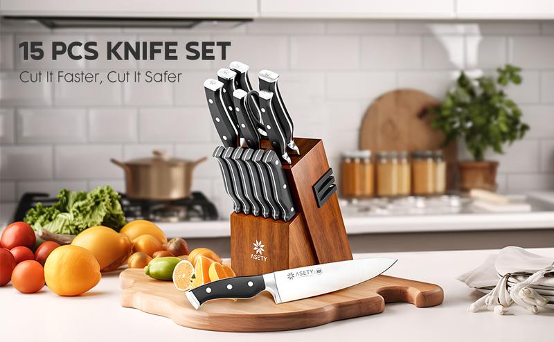 ASETY 15 PCS Kitchen Knives Set with Block NSF Built-in cooking Knife Sharpener Block German Stainless Steel Knife Block Set Full Tang professional Chef Knife Set Food sharp steak knife Meat Boning set for men's box gift Wooden Block Handles Holder