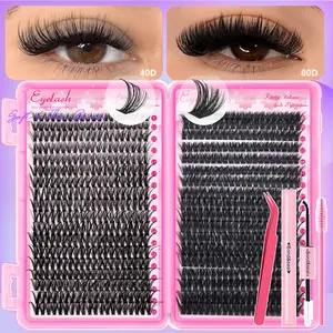 720pcs 40D+80D Natural Lash Clusters Kit with Glue & Tweezers, 8-16mm Mixed Styles DIY False Eyelashes Extensions Set | 3D Fluffy D Curl Reusable Waterproof Eyelashes Makeup