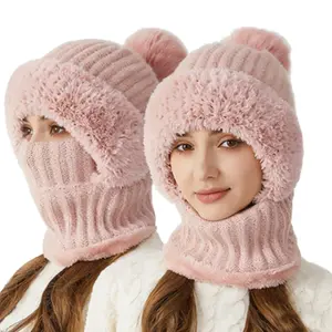 Womens 3 in 1 Winter Beanie Set Knit Hat with Scarf and Mask Warm Ski Face Cover Neck Warmer