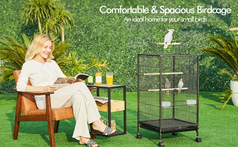 Yaheetech 40-Inch Wrought Iron Bird Cage with Rolling Stand Open-Top Parrot Cage For Small-Sized Birds