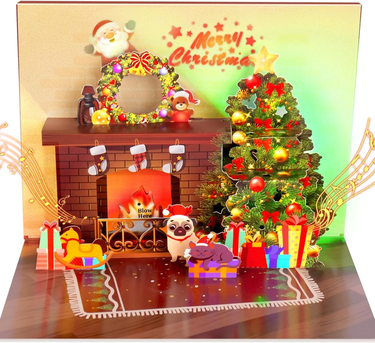 Christmas Card Pop Up with Light and Music 3D Santa Fireplace Merry Christmas Greeting Card with Envelope for Kids Girls Women Man Christmas Gift,back to school,back to school haul