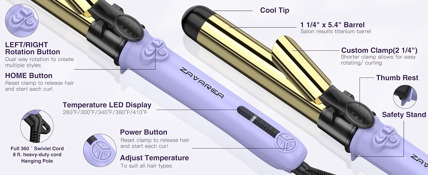 ZAVAREA Automatic Rotating Curling Iron Long Barrel 1.25" x 5.4" Titanium 5 Adjustable Temps 1H Auto Off Dual Voltage Multifunctional Hair Crimper, TikTokShopBlackFriday TikTokShopCyberMonday