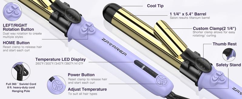 ZAVAREA Automatic Rotating Curling Iron Long Barrel 1.25" x 5.4" Titanium 5 Adjustable Temps 1H Auto Off Dual Voltage Multifunctional Hair Crimper, TikTokShopBlackFriday TikTokShopCyberMonday
