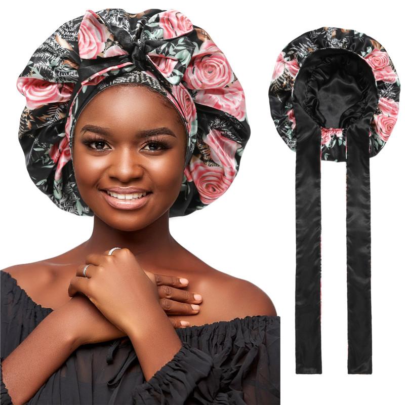 Double-Layer Solid Color Satin Bonnet Sleep Cap for Women Curly Hair Wrap for Sleeping Cap Adjustable Reversible Bonnet with Tie Band Night Cap