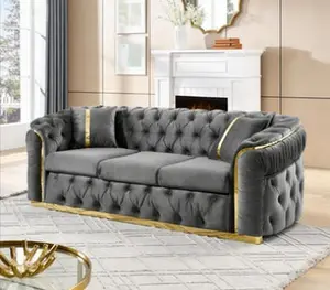 90.6 Inches Velvet Button Tufted Sofa Couch with 2 Pillows, 3 Seater Luxury Chesterfield Sofa Set with Gold Stainless Steel Accents for Living Room, 280g Italian