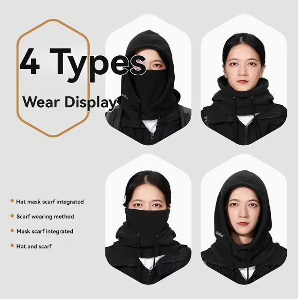4-piece winter thermal insulation set, windproof and cold proof knitted balaclava hat+gloves+socks set, winter cycling set, thick fleece-lined polar fleece  windproof face mask，Windproof and thermal mask