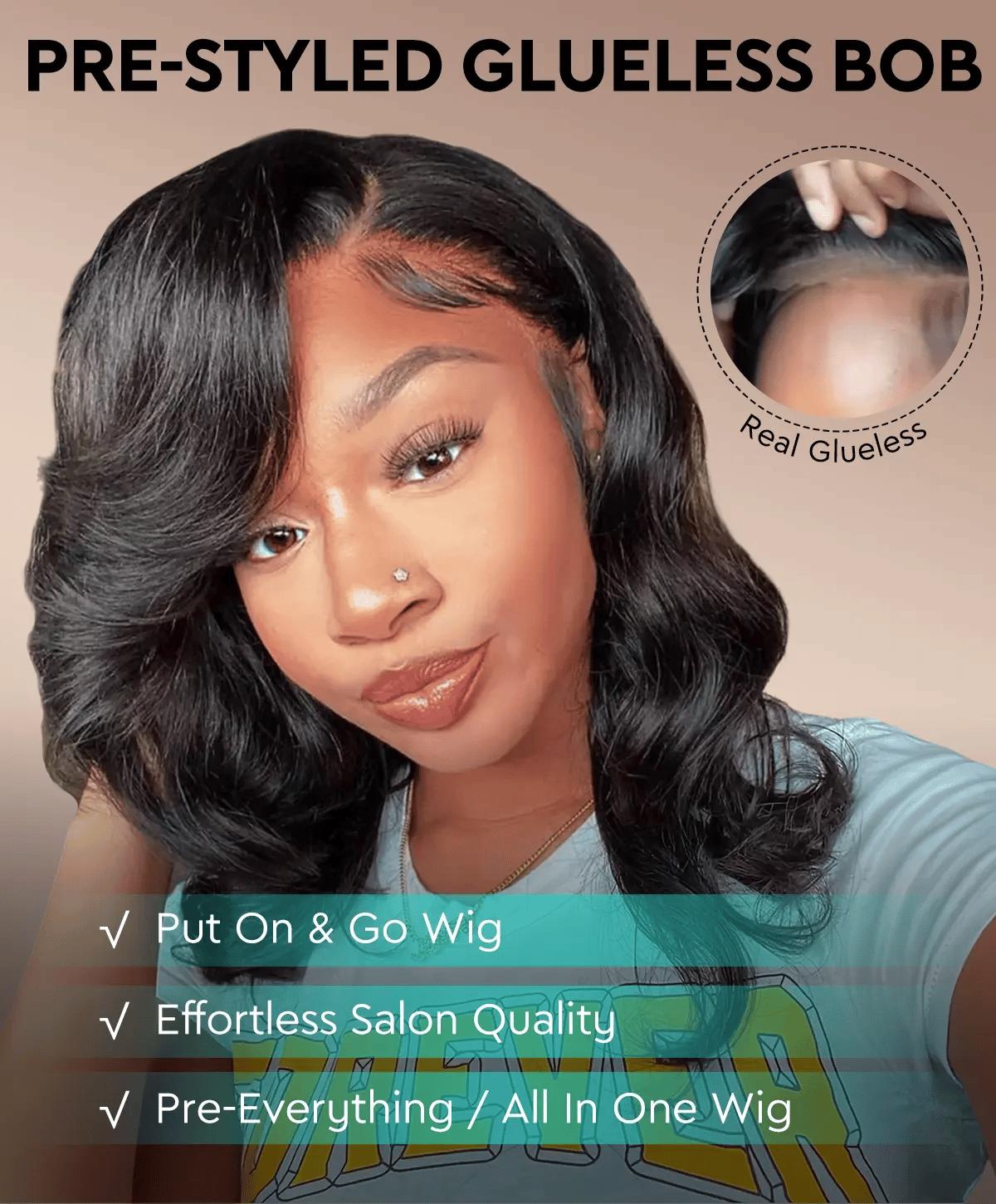 [Tiktok Hot] Pre-Styled Body Wave Glueless Layer Wavy Bob Wig Reddish Brown / Blonde Highlight /Chocolate Brown/99J ColorTransparent Lace Ready To Go Wigs SpringStatements