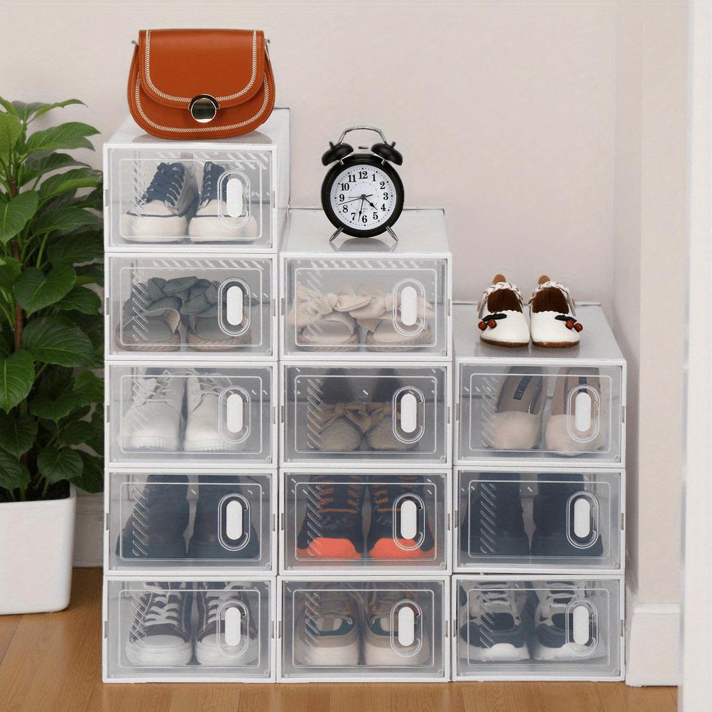12 Pack Clear Plastic Stackable Shoe Storage Boxes with Lids - Durable Space-Saving Closet Organizers for Women & Men, Rectangular Containers for Shoes, Accessories & Home Organization White Versatile Container Use Modern Aesthetic Easy Visibility Racks