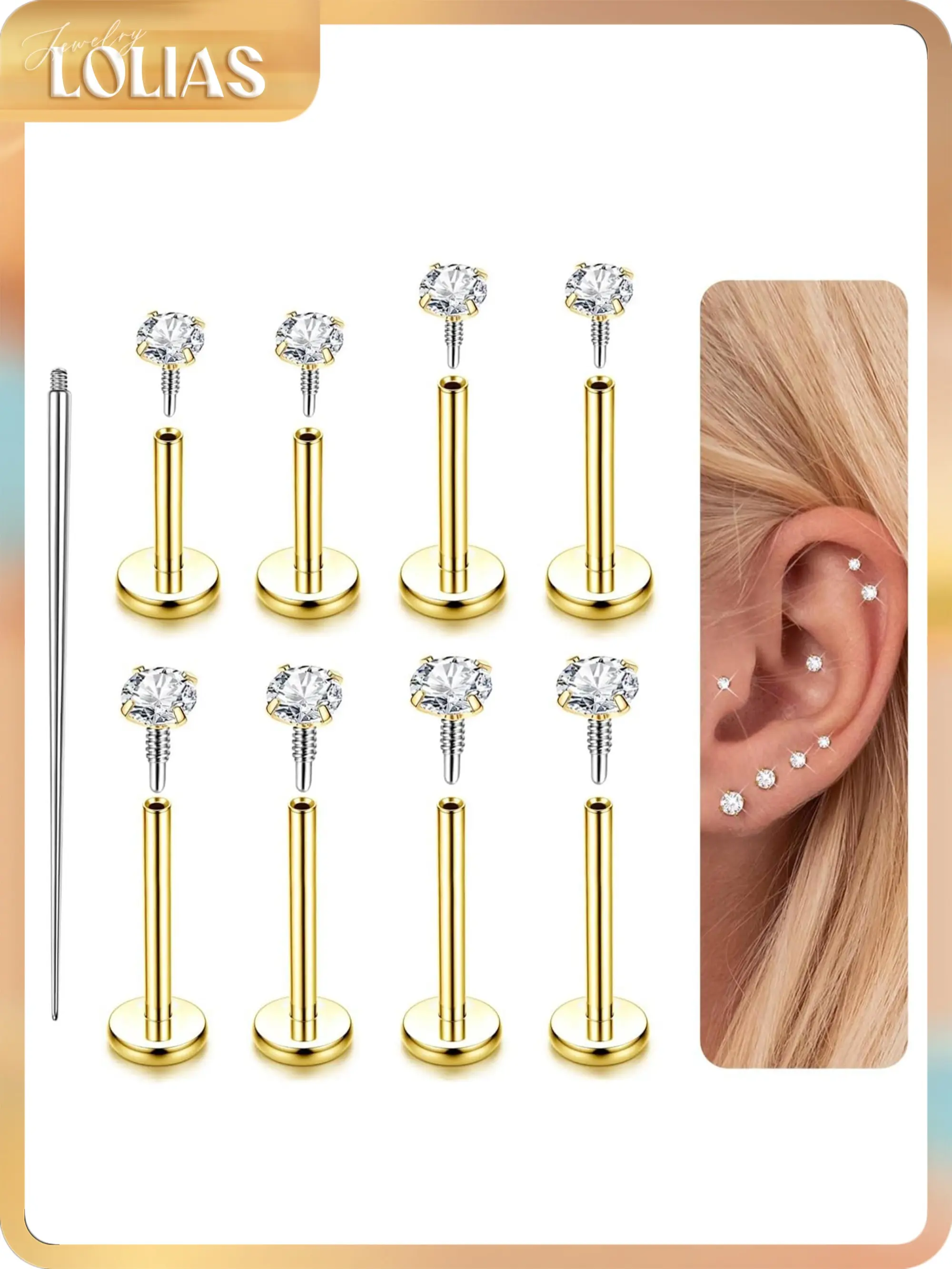 LOLIAS 14K Gold Plated Flat Back Stud Earrings - 316L Surgical Steel Internal Thread CZ Stud Piercing Jewelry for Tragus Helix Cartilage Conch Nose Hypoallergenic Lip Labret Medusa Piercing 16G 18G