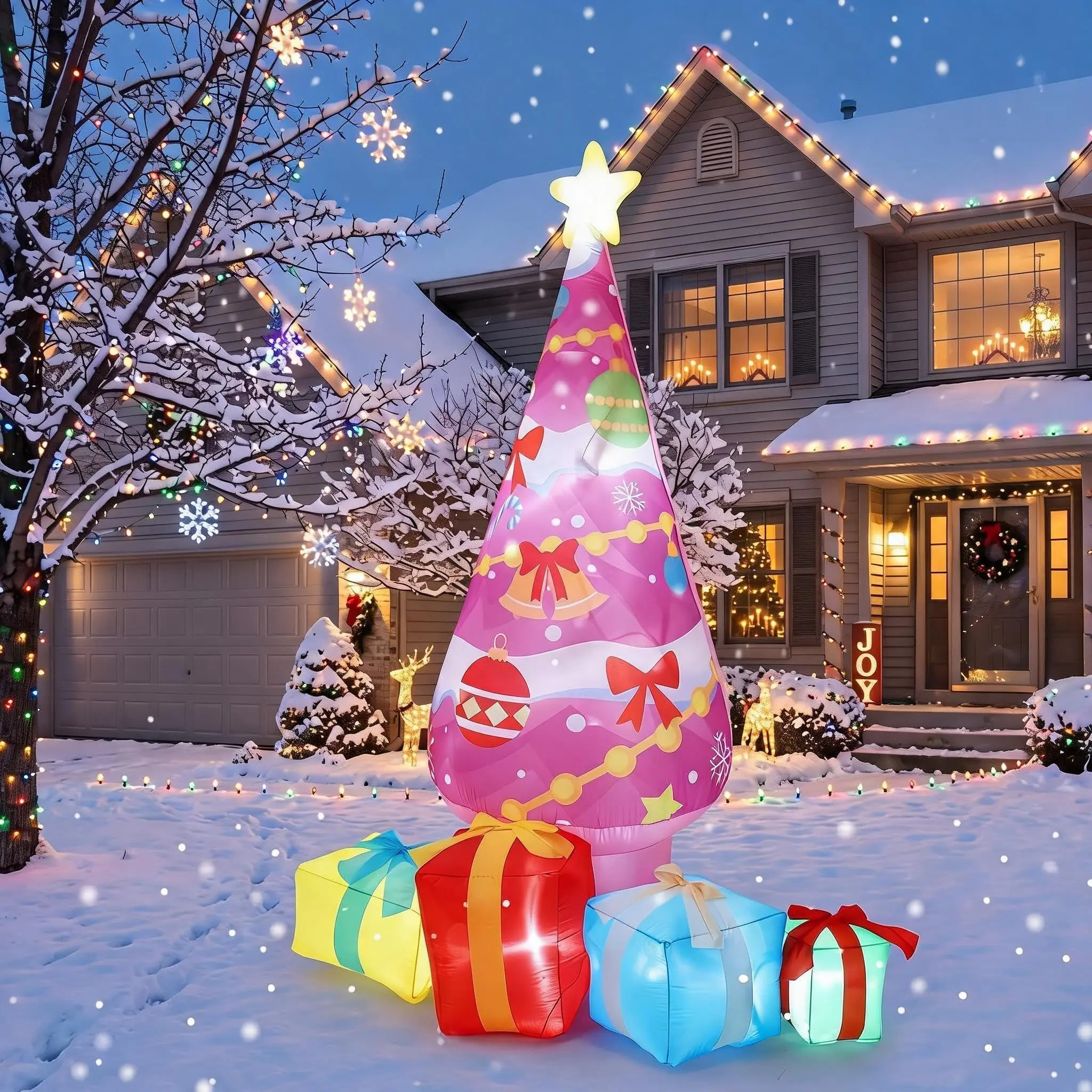 Garvee 7FT Pink Inflatable Christmas Tree Outdoor Yard Decor, Giant Blow-Up Tree with Built-in LED Lights, 4 Gift Boxes, Star, Magical Ornaments, Lightweight Waterproof Holiday Decor for Garden Lawn