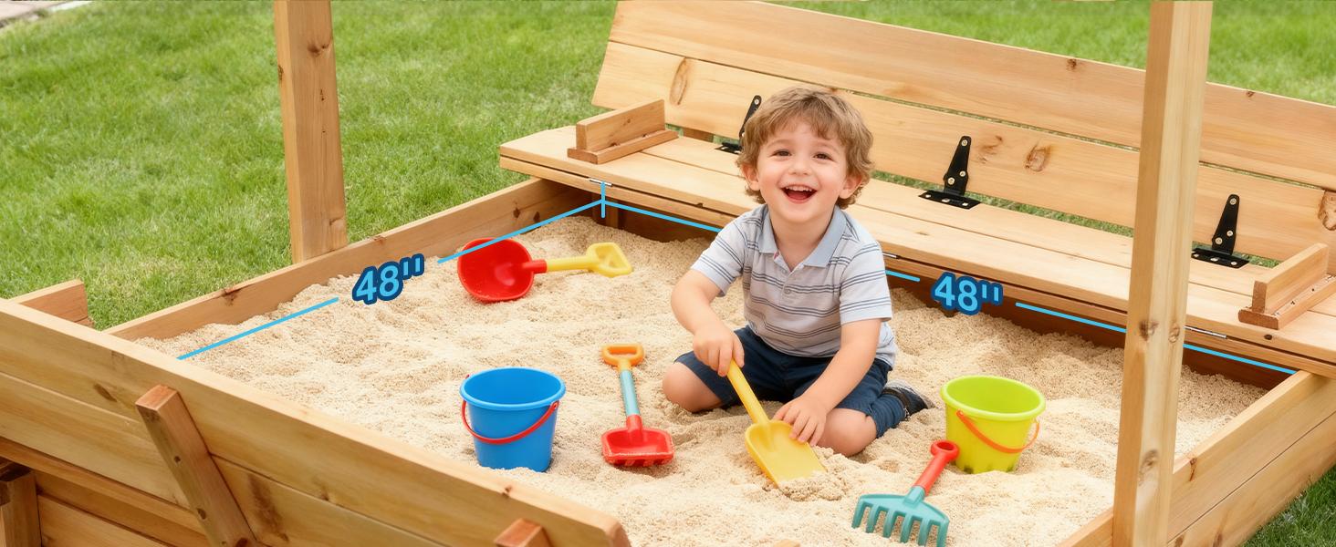 FUNTOK 48''x48'' Kids Sandbox with Lid, Wooden Sand Box with Foldable Bench Seats, Rotatable Canopy, UV-Protection, 300 Lbs Weight Capacity, for Backyard, Patio, Outdoor Play