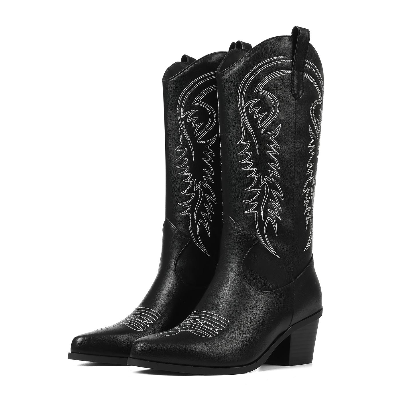 EROCALL Women's Western Knee High Cowboy Boots Embroidered Wide Calf Cowgirl Boots with Chunky Block Heel for Fall Winter
