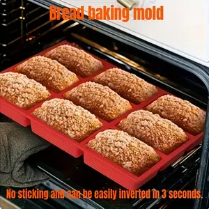 1pc Silicone Mini Loaf Pan, 9 Cavity, 12.2inch X 8.3inch, Oblong Shape, Microwave Safe, for Cake, Bread, Meatloaf, Cornbread, Brownie, Muffin, Soap, New Year's Kitchen Baking Mold