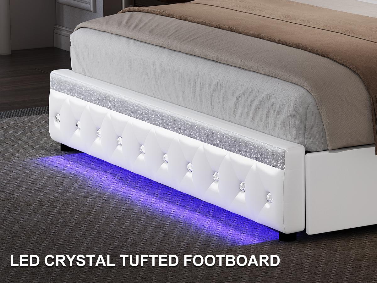 Queen LED Bed Frame with 2 Storage Drawers, Smart Adjustable Crystal Tufted Headboard, No Box Spring Needed, PU Leather & Velvet