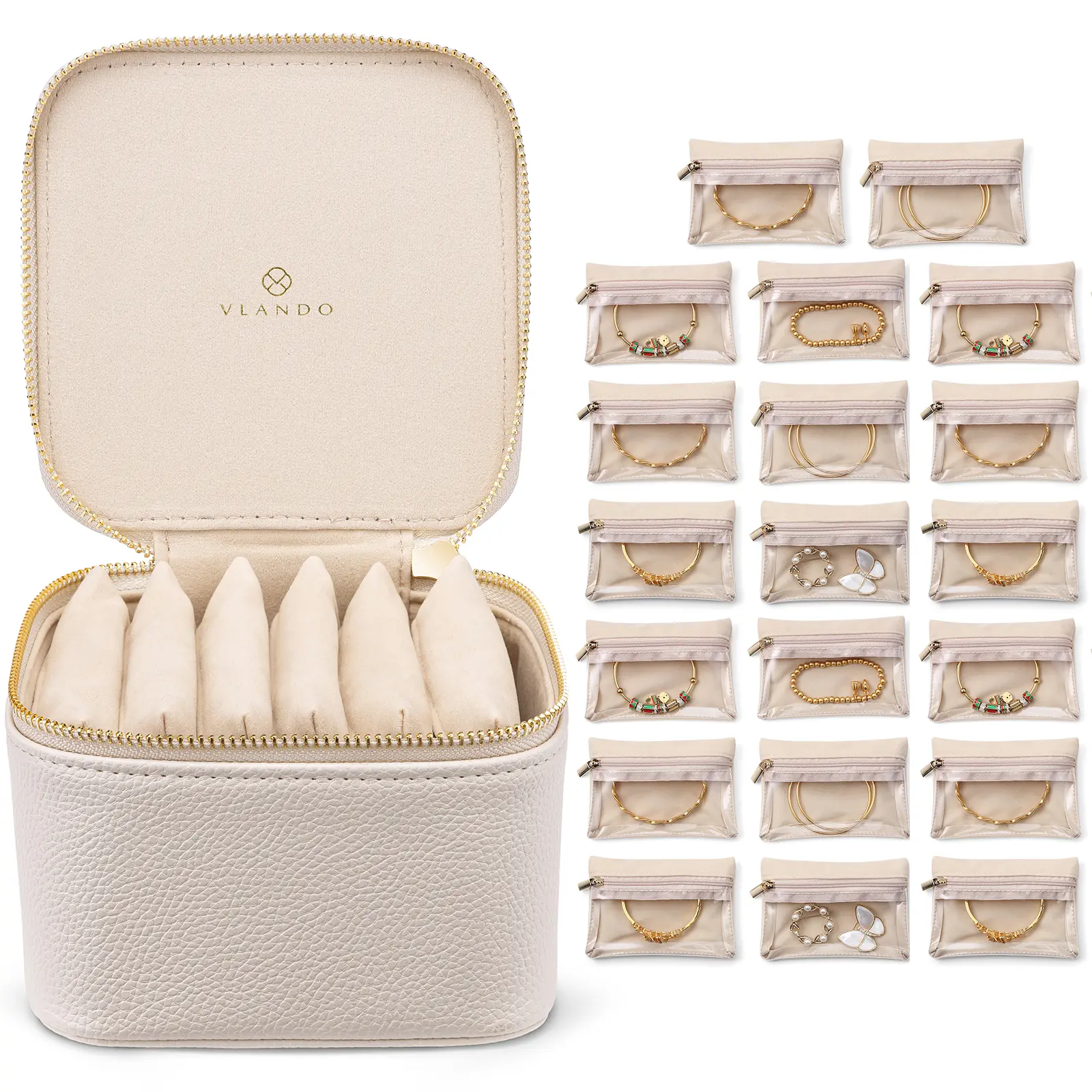 VLANDO Small Travel Jewelry Case for Women, Jewelry Organizer with 6 Velvet Zipper Pouches, Portable Jewelry Storage Box Gift for Her Accessory White