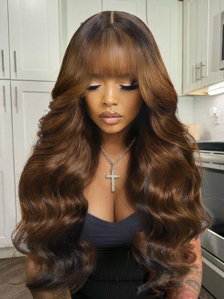 UNice Ombre Dark Brown Loose Wave Wig with Bangs 13x4 HD Lace Front Human Hair Wigs Natural Scalp Beginners Friendly