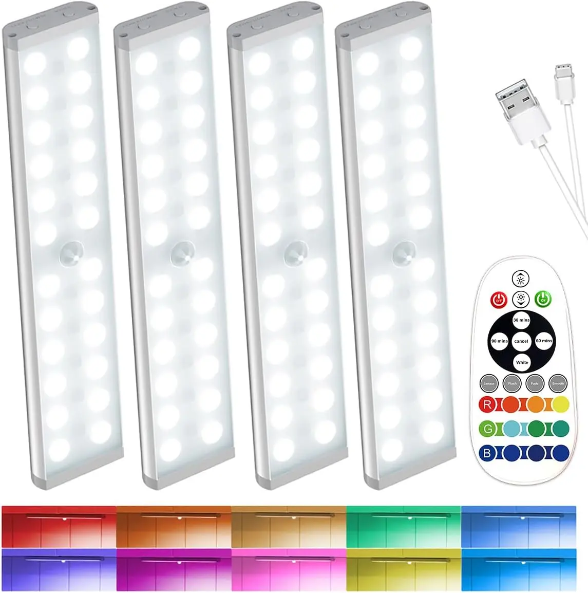 Diomart  RGB Motion Sensor Under Cabinet Lights, 58-LED USB-C Rechargeable Magnetic Closet Light Bars with Remote, Dimmable Timer for Kitchen, Stairs 4-Pack