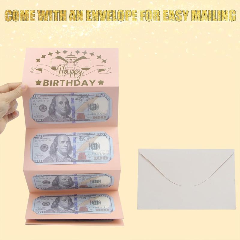 4Pcs Birthday Money Envelope for Cash Gifts, Surprise Cash Envelope for Wife Women Kids, Birthday Gift Card for Women Girls, Pink Rose Gold Money Holder