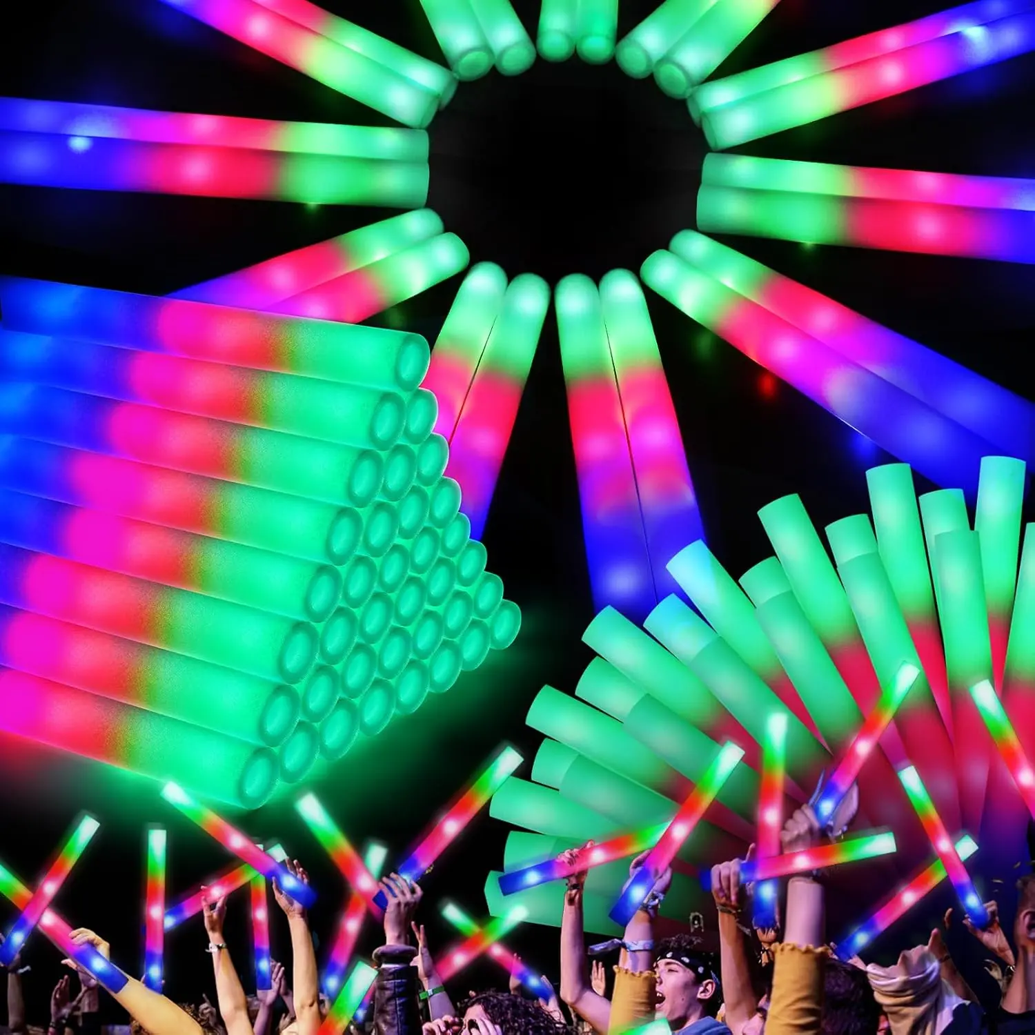 48 Pcs Foam Glow Sticks, Glow Sticks Bulk with 3 Modes Colorful Flashing, Light Up Baton Wands for Kids, Glow Stick Party Pack for Wedding, Raves, Concert, Camping, New Year Carnival