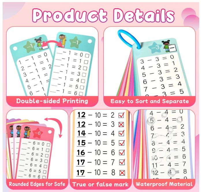 Subtraction Flash Cards 1-12, 15PCS Times Table Flash Cards Chart, with Dry Erase Markers Sorting Ring, 1st, 2nd, 3rd Grades Educational Math Subtraction Game for Kids Classroom Home