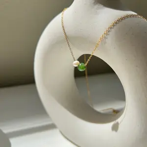 Dainty Gold Filled Necklace with Hetian Jade and Freshwater Pearl