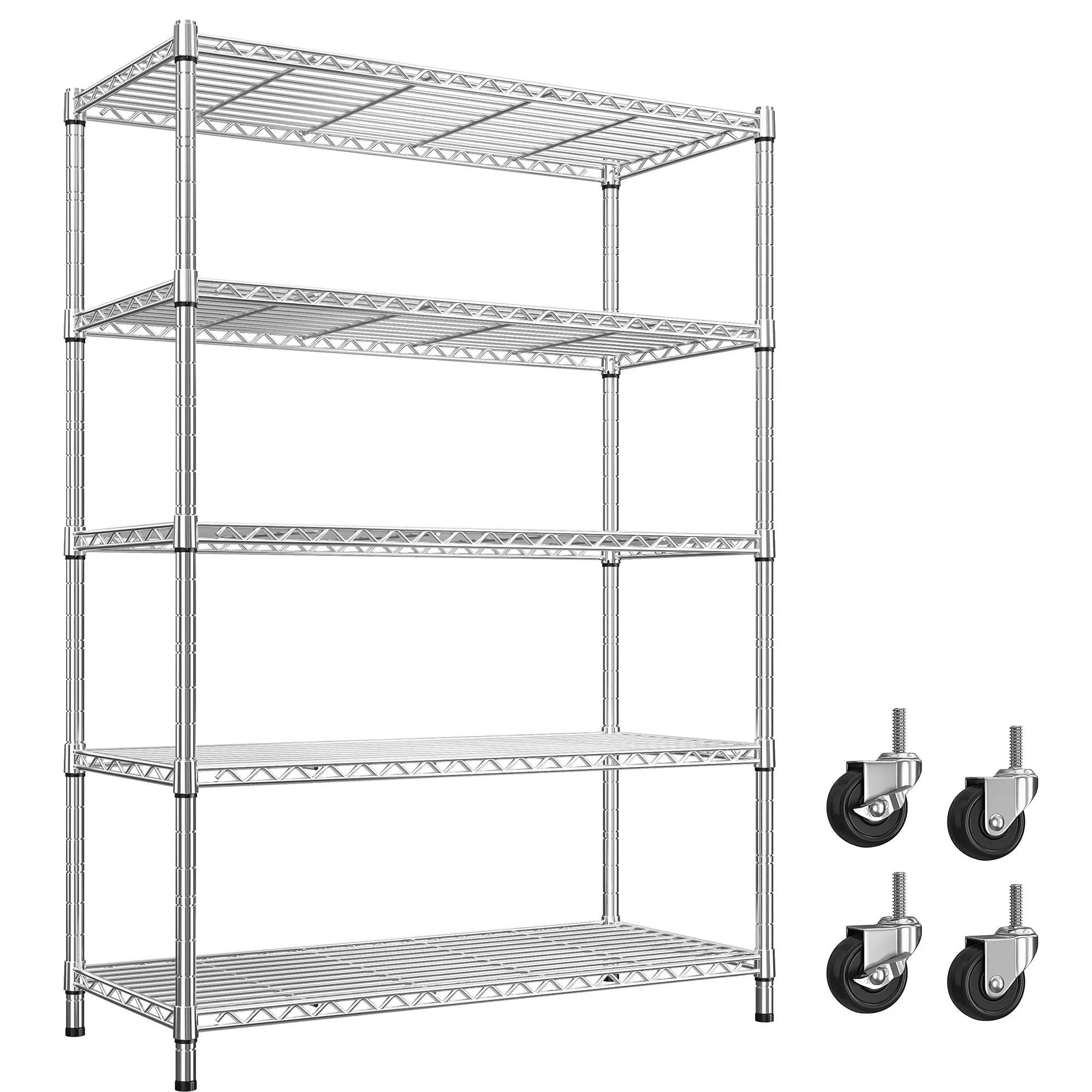 Raybee 5 Tier Heavy Duty Adjustable Round-Tube Metal Shelving Unit, Wire Shelving Unit with Casters Perfect for garages, Kitchen, Pantries, Laundry, Bookshelf, Easy Assemble, Metal Round Tubes with Chrome-Plated Finish, Silver