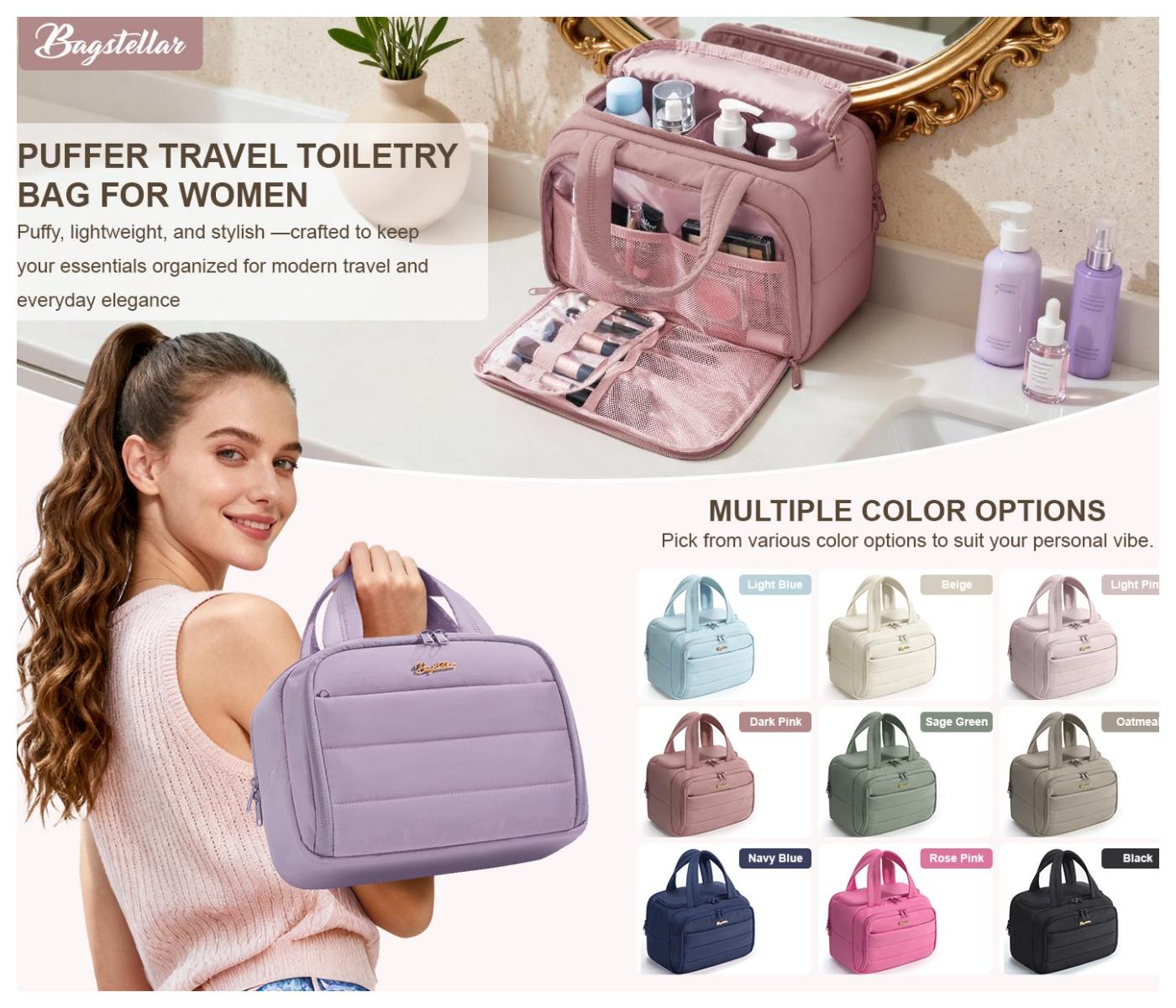 Bagstellar Wide-open Travel Bag, Lightweight Puffy Toiletry Bag for Women, Quilted Makeup Bag Organizer Water-resistant Cosmetic Bag with Handle for Toiletries, Essentials, Accessories