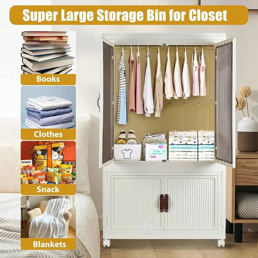 Portable Closet Wardrobe - Collapsible Plastic Clothes Cabinet with Wheels, Double Doors, Hanging Rod, Stackable Lidded Storage Bins, 10 Hangers, Above 25 kg Capacity, for Bedroom, Living Rooms, Bathrooms, Office