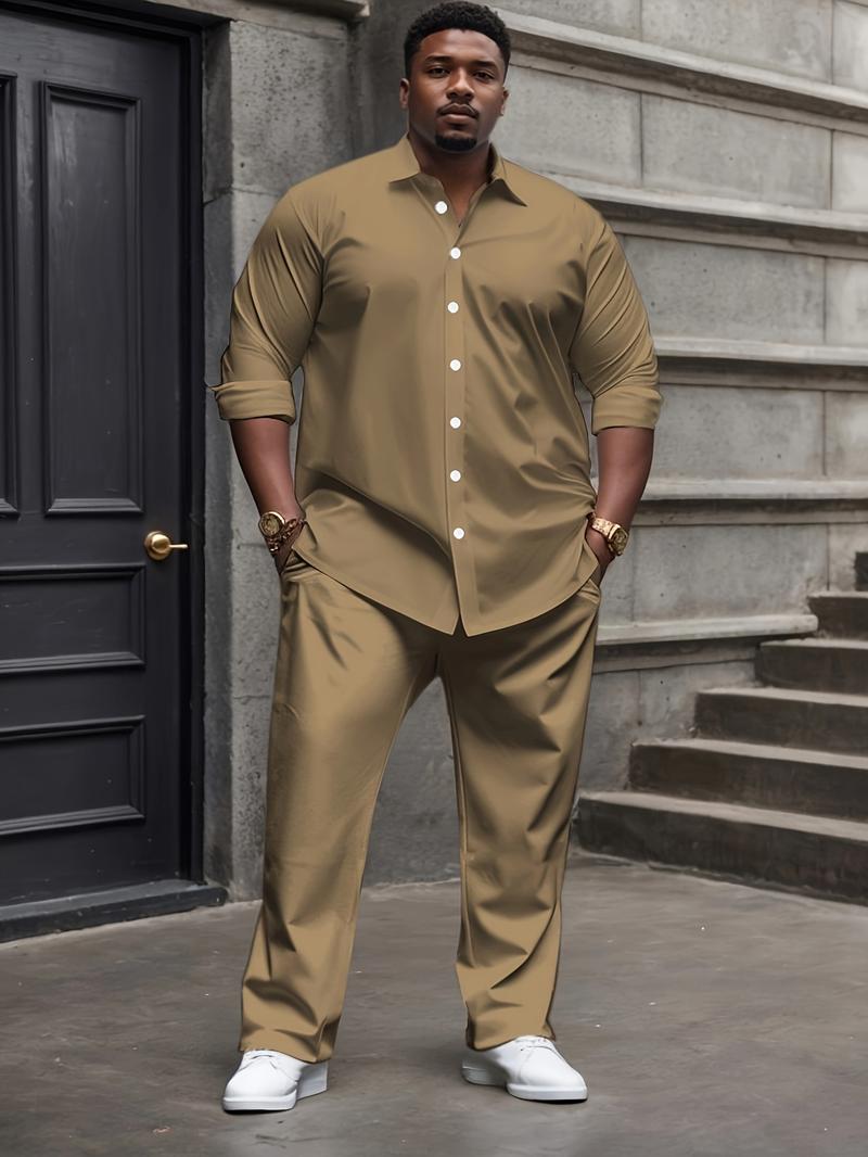 Men's Casual Long Sleeve Shirt & Stretch Trousers Set - Solid Color Relaxed Fit, Soft Rich Texture for Fall Fashion, Office Work & Daily Comfort Men's Casual Long Sleeve Shirt & Stretch Trousers Set - Solid Color Relaxed Fit, Soft Rich Texture for Fall Fashion, Office Work & Daily Comfort