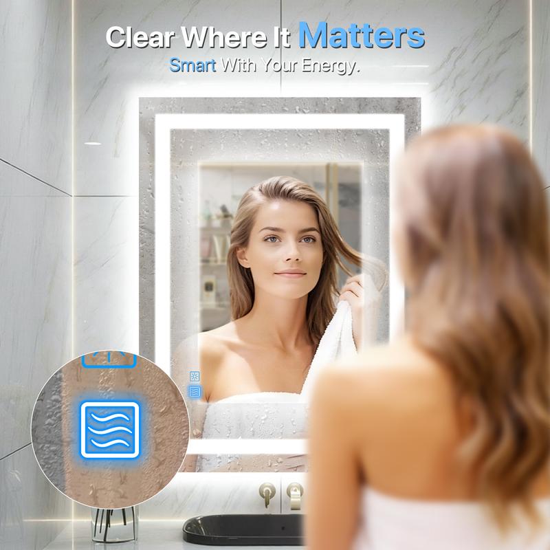Glitgate LED Bathroom Vanity Mirror with Tempered Glass with Microwave Radar & Smart Touch Sensor, Defogger, Wall-Mounted for Home Decor - Horizontal/Vertical Installation Suitable for Dressers, Bathroom, or Hallways
