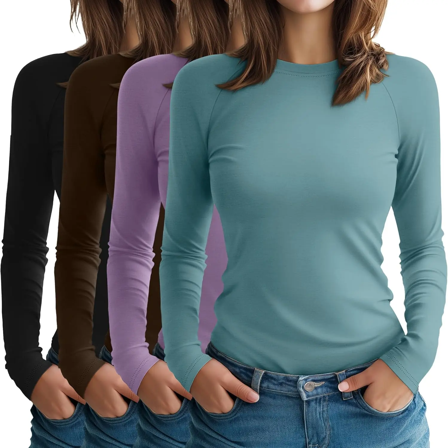 Women's 4-Pack Long Sleeve Crew Neck Tops - Slim Fit, Raglan, Basic Material, Stretch, Cozy, Full Length, Longsleeves, Round Neck, Solid Colors, Casual Office Layering Tees