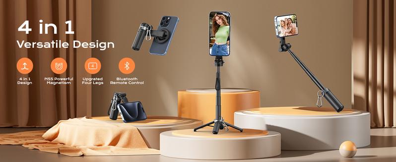 2026 4-in-1 Multifunctional Magnetic mini Selfie Stick with 360° Rotation Compact Stylish Wireless Bluetooth Control Magnetic Phone Holder for Selfies Video Recording Vlogging Compatible with Most Phones - Stabilizer Camera,Maxinum extend to 14.96 inches