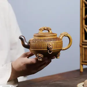 Yixing Zisha Clay Teapot, 400 ml, Traditional Chinese Tea Set, Handmade from Raw Clay, Authentic Segmented Mud, Three-Legged Dragon Ball Design, for Home Use