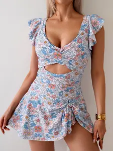 B2LOVER One Piece Swimdress Swimsuit for Women Tummy Control Ruffle Swim Dress Skirt V Neck Cutout Wrap Bathing Suit