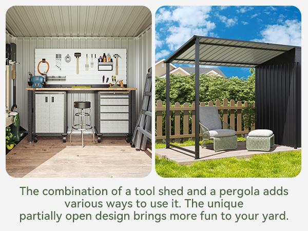 Aoxun 6x4FT Outdoor Storage Shed & Hardtop Gazebo Combo, 12x4FT Metal Lean to Shed with Open-Sided Pergola, 2-in-1 Durable Garden Tool Shed for Patio, Backyard, Deck