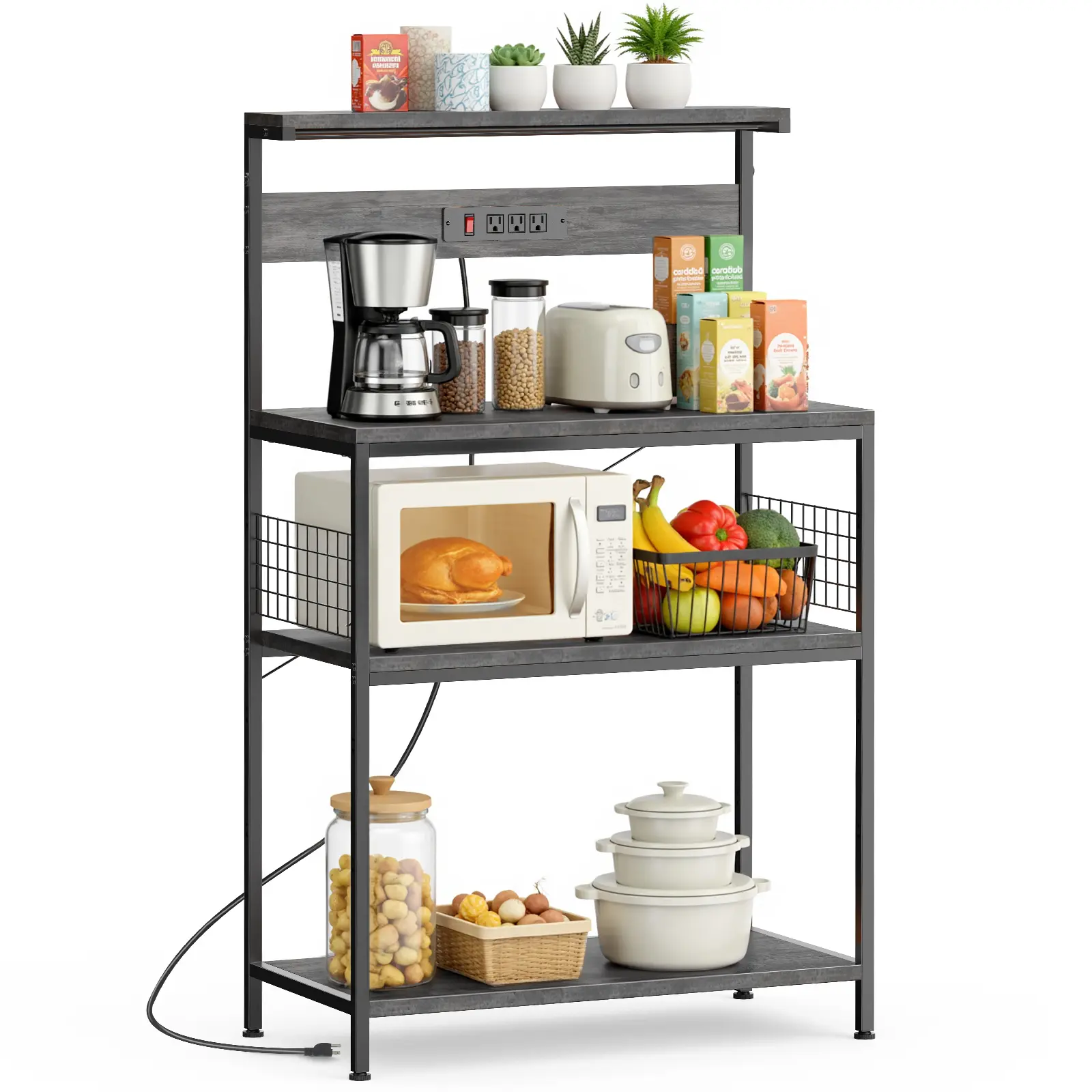 Modern Kitchen Organizer - Bakers Rack with Power Outlet, 4-Tier Coffee Bar & Appliance Storage, 23.6" Adjustable Shelf for Microwave/Spices