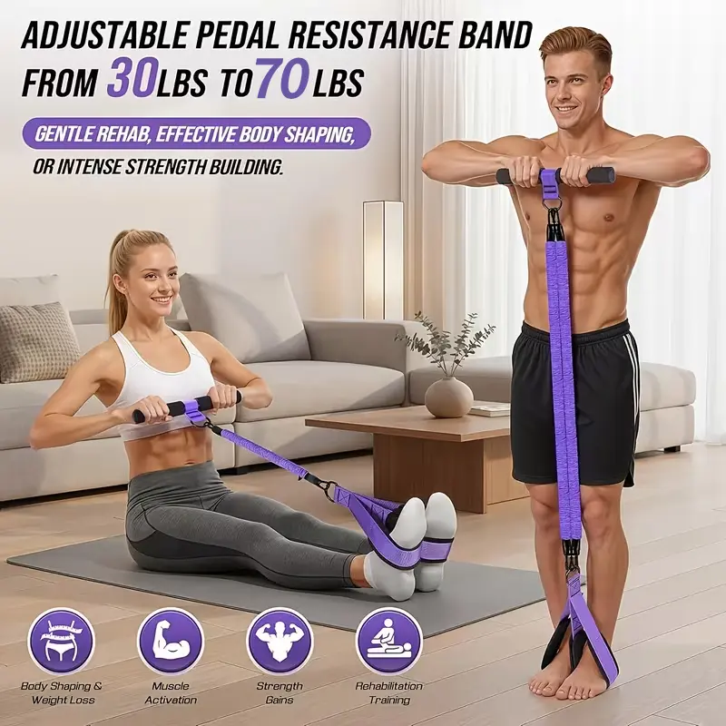 Multi-Use Adjustable Pedal Resistance Band with Handles - 3 Adjustable Tubes, 120lbs Total Resistance, Core/Arm/Leg Fitness Training Equipment