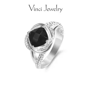 925 Synthetic Obsidian Ring with Rope Design, Elegant Black Lab Grown Diamond Ring Jewelry for Women, Luxurious and Romantic Ring Perfect for Daily Wear and Birthday Party, Christmas Gift, with Gift Box Twilight Ring Emerald Cut Solitaire Ring