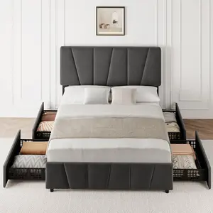 Dark Grey Modern Linen Upholstered Queen Bed Frame, Queen Size Platform Bed Frame with Adjustable Headboard, 2 Storage Drawers, Wooden Slat Support, No Box Spring Needed