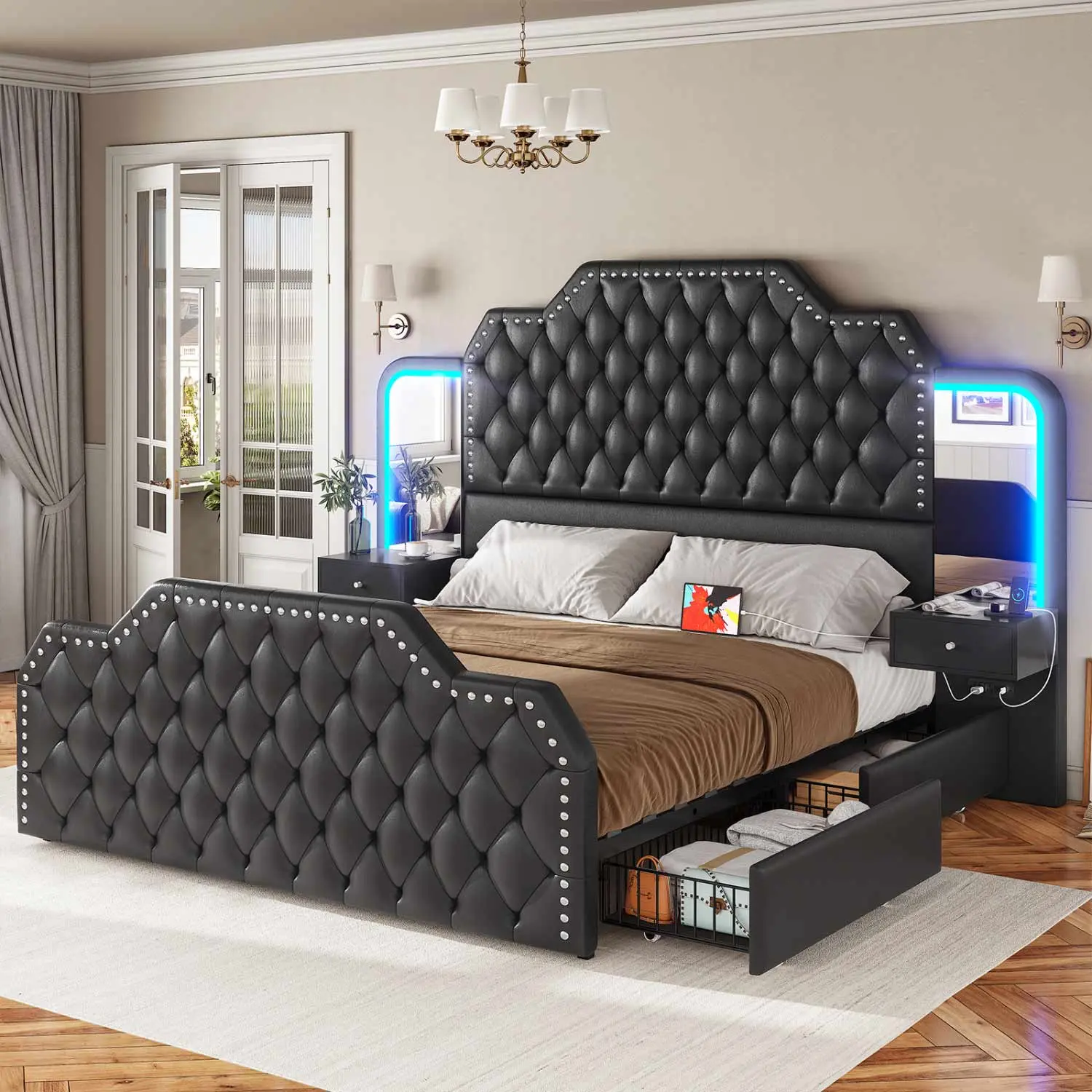 Sikaic LED Bed Frame with 2 Nightstands and 2 Mirrors, Black PU Leather Upholstered Platform Bedroom Set