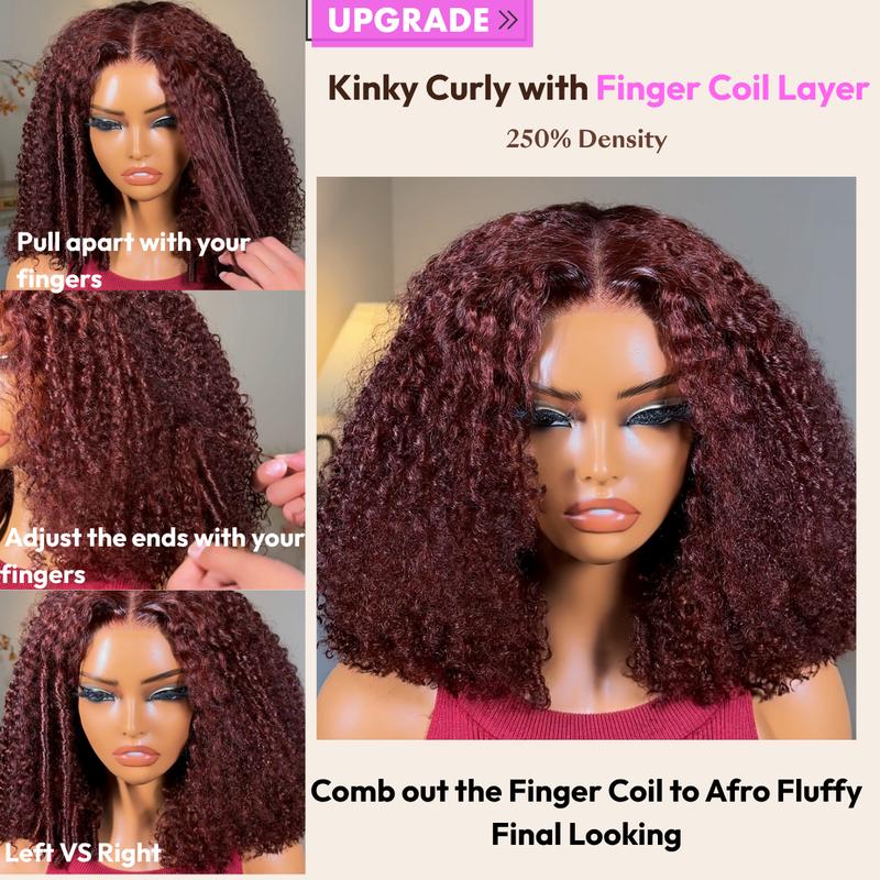 UNice 250% Density Reddish Brown Fluffy Burmese Curly Wig No Slip Glueless Pre-cut 7x5 HD Lace Closure Human Hair Wigs with Layer Finger Coil Ends 16 Inch Beginners Friendly Natural Looking