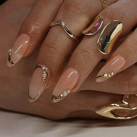 2026 Valentine’s Limited Press-On Nails | Luxury Chic French Tip with Slim Gold Line, 24pcs Medium Almond Press Ons. Waterproof & Reusable, fits most nail sizes. Elegant Salon-Quality Manicure Perfect for Women, Work, Date & Daily Wear.
