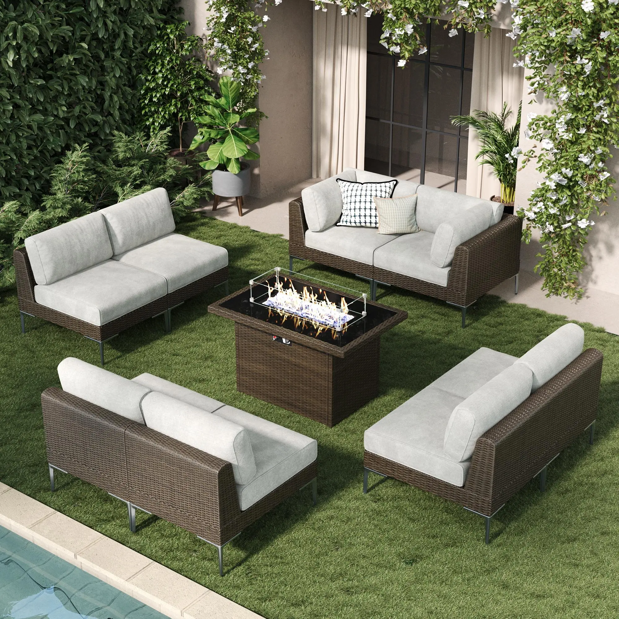 LayinSun 9-Piece Modern Light Outdoor Modular Rattan Sofa Set - Metal & Stainless Steel Patio Deep Seating Conversation Set with Fire Pit Table, Thick Cushions (Shipped in Multiple Packages)