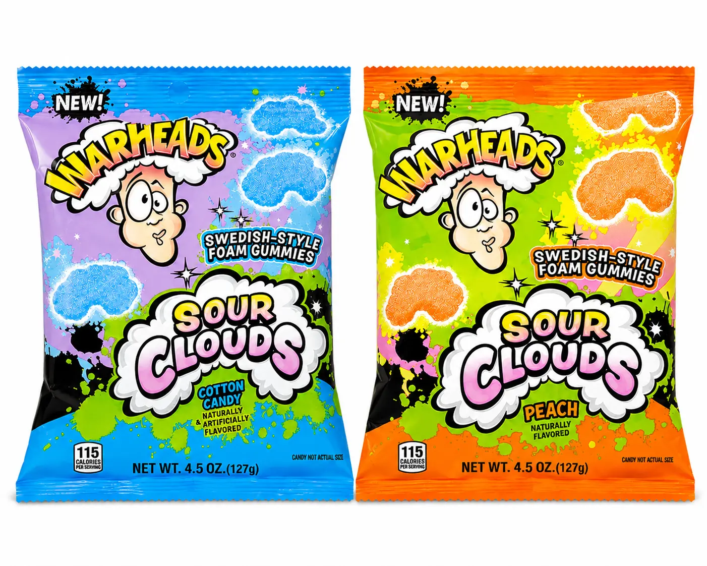 Warheads Sour Clouds 4.5oz Bag (Pack of 2) - Swedish Style Foam Gummies - Cotton Candy & Peach Flavor - New & Viral