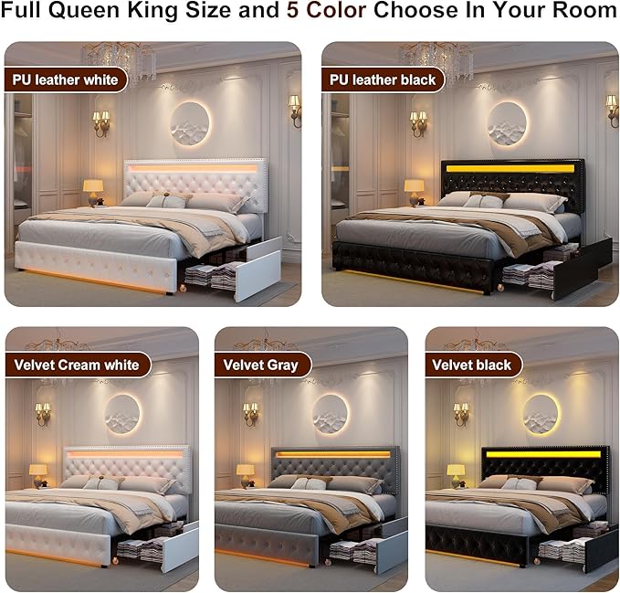 GEGOFORU LED Storage Bed Frame with 4 Drawers, Upholstered Platform Bed with Adjustable Headboard, Smart App & Remote RGBW Lights, No Box Spring Needed, Easy Assembly, Grey Velvet