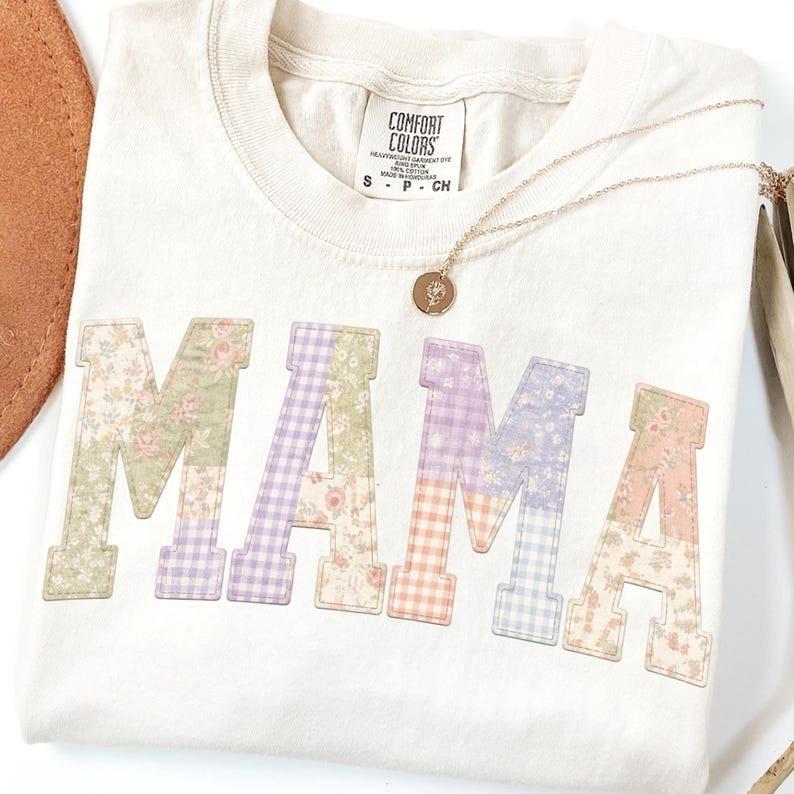 Comfort Colors Mama Tshirt, GrandmaCore Mother Tshirt, Mama Printed TShirt, Varsity Mom, DYI Gift For Mothers Day Fabric